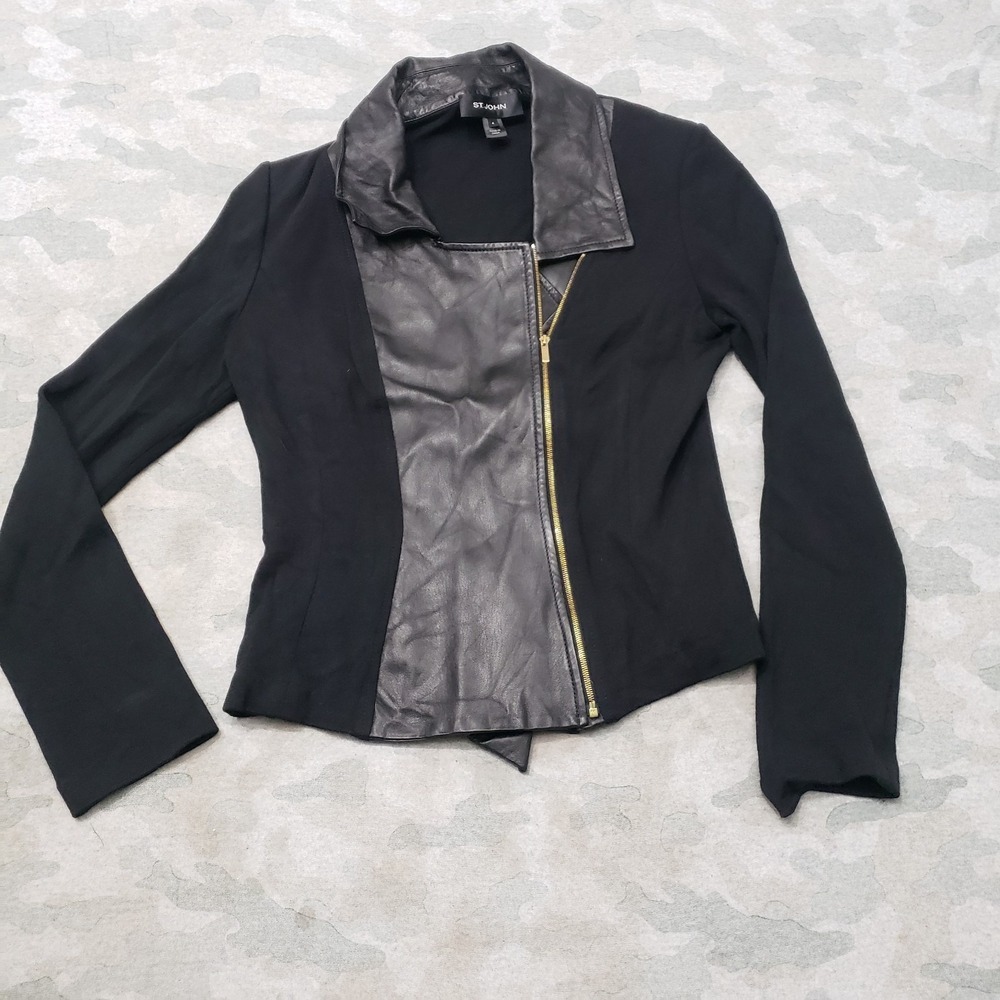 St. John Jacket Womens 4 Black Full Zip Leather Wool Blend
